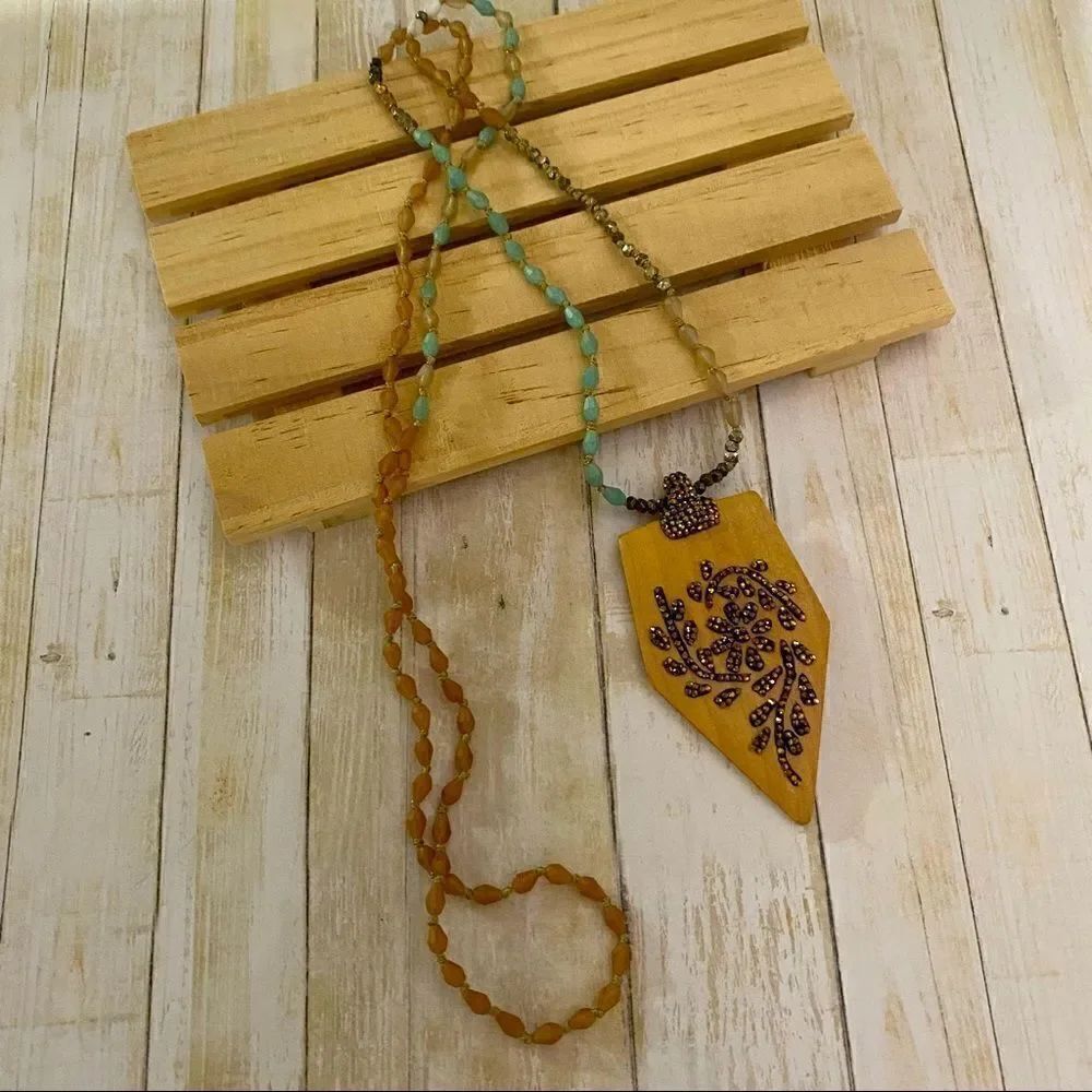 Wood Carved Arrow, Pearl & Pave Crystal Necklace